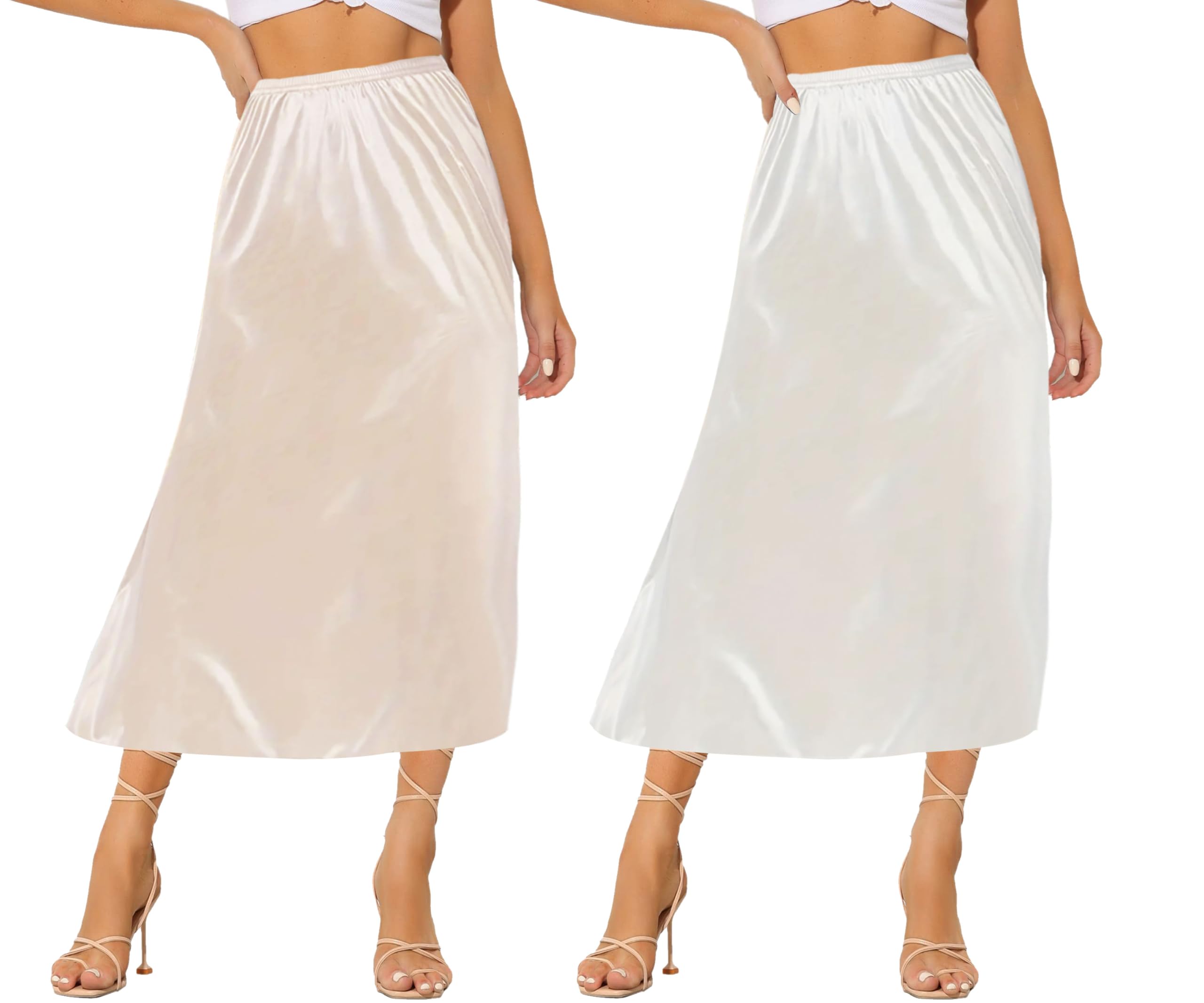 Ellames Womens 2 Pieces Half Slips for Under Dresses Satin Long Underskirt Half Slip Shirt Skirt Extender White & Nude 27" X-Large
