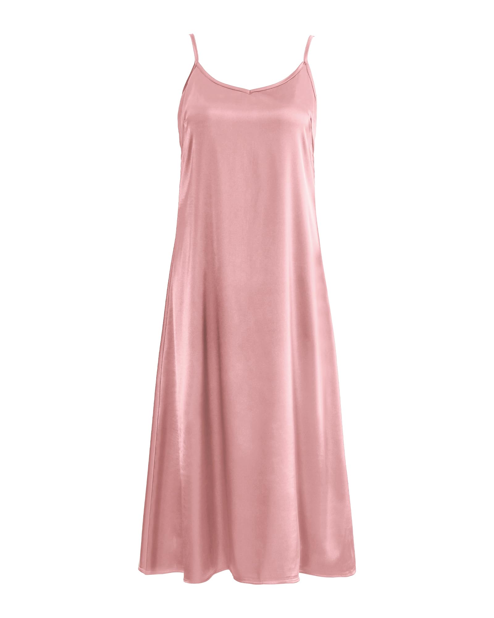 Wanberry Xintianji Womens Basic Satin Silky Full Slip Midi Loose Dress with V-Neck Sexy Cami Adjustable Strap Wear Nightgown Dresses Pink XL